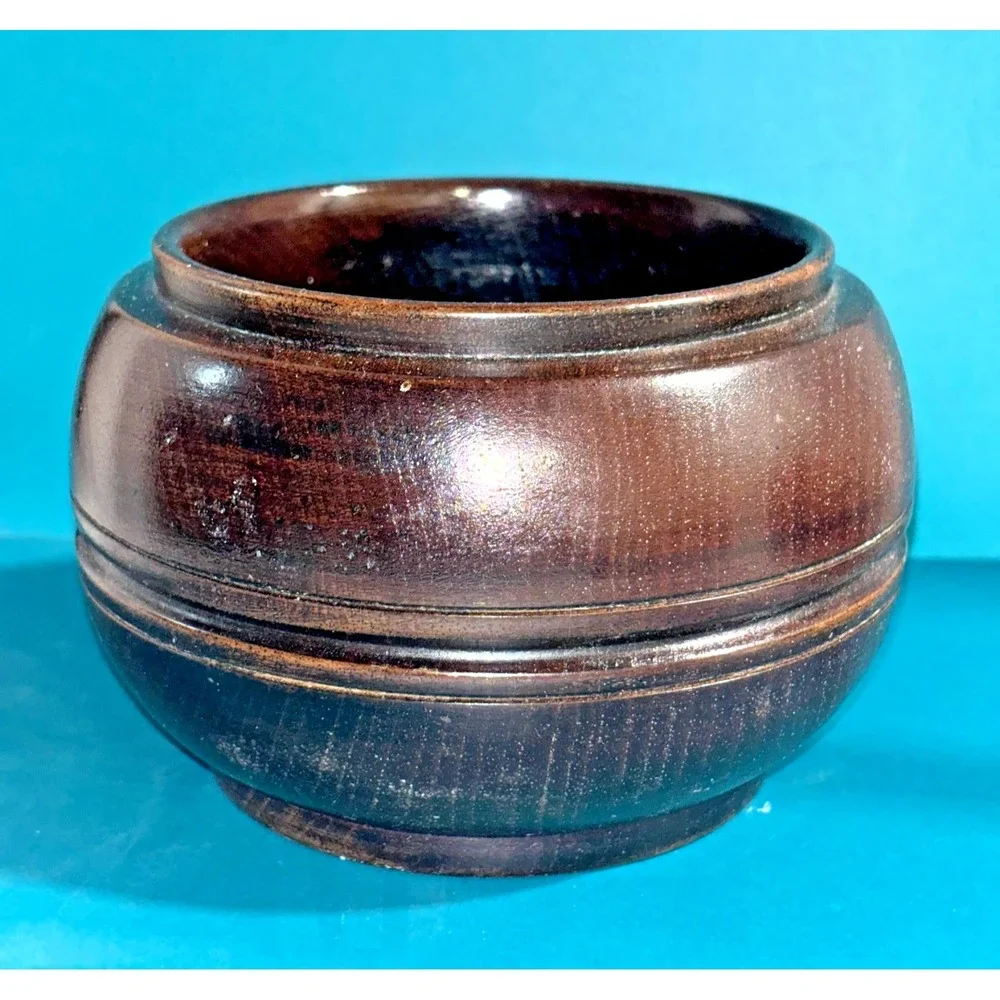 Vintage Turned Wood Bowl PLZ Marked 4in Hardwood Round Trinket Dish